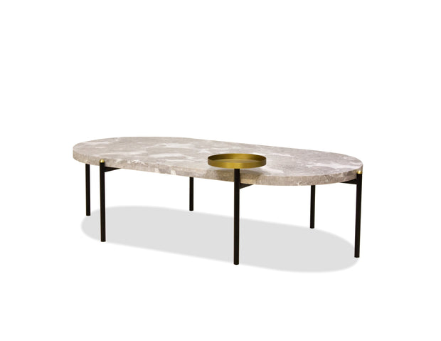 velodrome oval coffee table with light grey & white marble, gold details and a removeable gold tray, trendy table for living room in Canada