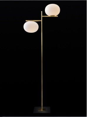 Eggy floor lamp gold two bulbs, a perfect standing lamp bringing soft ambient light to a living room, modern light fixtures in Canada