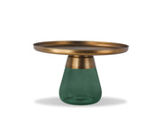 duverre coffee table made from hand blown glass and light weight spun aluminum tops, transparent green base, luxury modern furniture in Canada