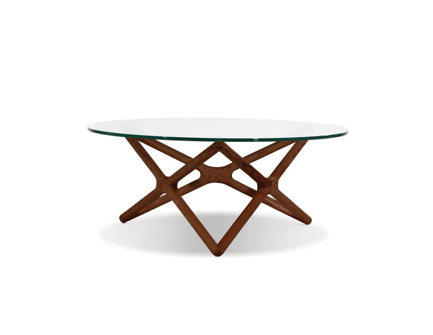 quasar coffee table made from safe glass top and walnut wood stain finish, luxury and modern furniture in Canada