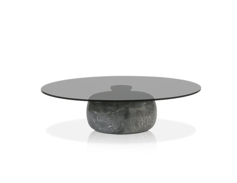 skip round coffee table for living room, stylish piece that comes in smoked black top and black marble stone base, luxury and modern furniture in Canada