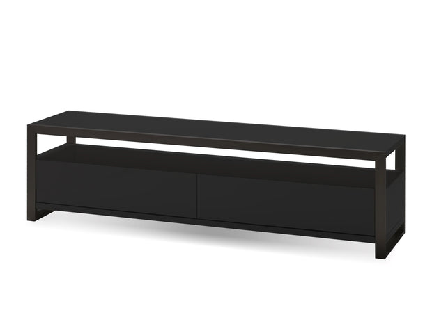 black console table in Canada, perfect entryway table used as TV stand, finished in black powder coated steel, a space saving sofa table.