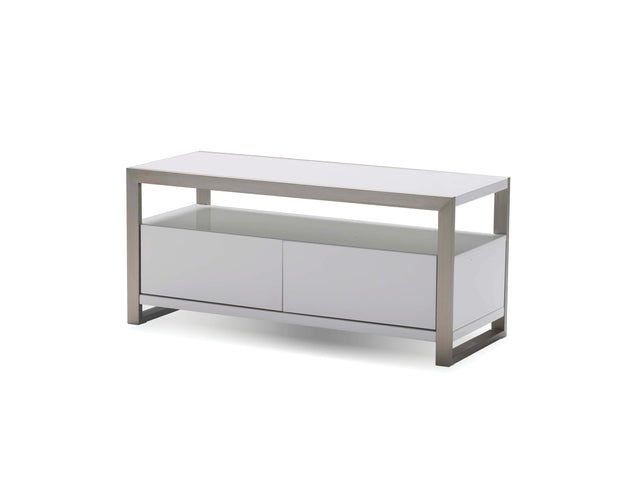 white console table in Canada, perfect entryway table used as TV console, finished in brushed stainless steel, a saving sofa table.