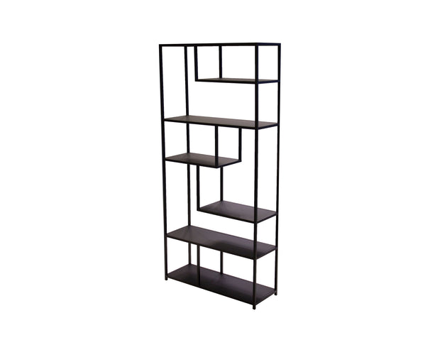modern bookshelf in black steel, a stand-alone storage shelf for displaying decor or use as a bookcase, modern bookshelves in Canada.