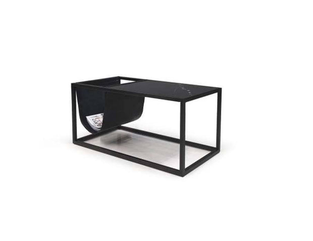 small coffee table for storing blankets, throws & magazines with leather sling & Nero Marquina marble top, luxury and modern furniture in Canada
